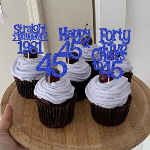 30PCS Glitter 45th Birthday Cupcake Toppers - Cheers to 45 Years