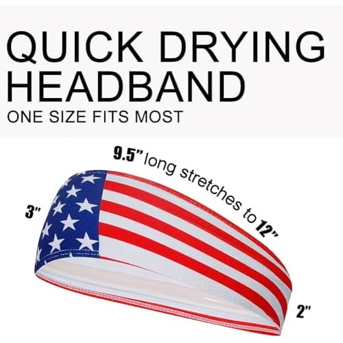 2 Pack American Flag Headband, Non-Slip Stretchy Sports Sweatbands for Men & Women, USA Flag Hairbands for Running, Basketball, Yoga, Workout, Exercise