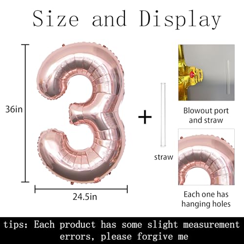 Keyali 40 Inch Number 3 Rose Gold Foil Balloon for Birthday Party Decor