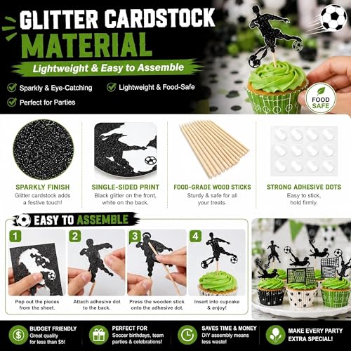 Soccer Cupcake Toppers - 12 Pcs Black Glitter Birthday Party Decor