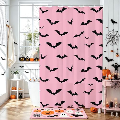 Halloween Shower Curtain with Pink Bats - Waterproof 72x72