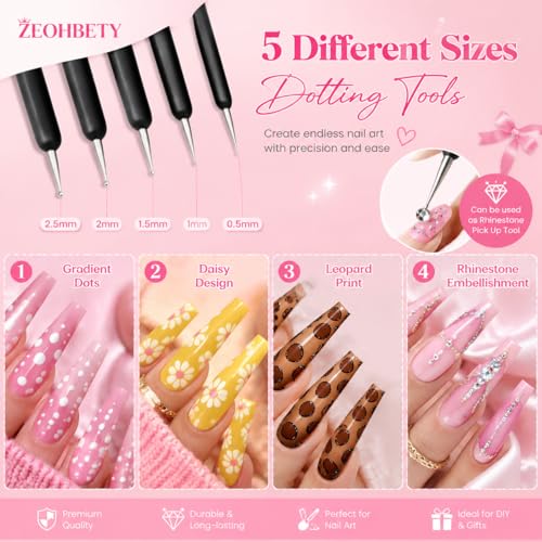 ZEOHBETY 5Pcs Nail Art Liner Brushes and Dotting Pen Set - Fine Drawing Sizes 7mm to 22mm
