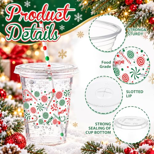 Christmas Candy Cane Disposable Plastic Cups Set with Lids & Straws - Red Green Variation