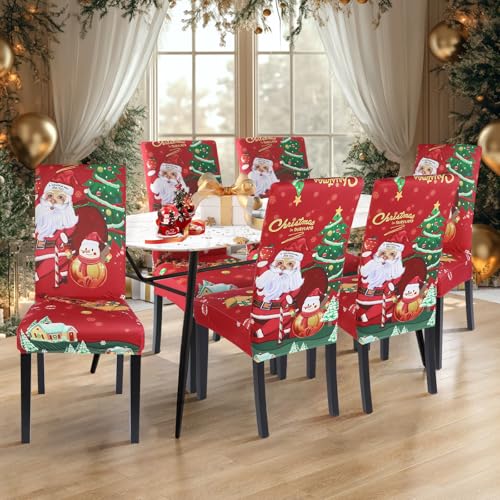 Christmas Dining Room Chair Covers Set of 8 - Santa Claus Stretch Slipcovers