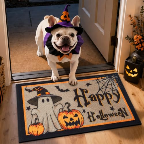 Happy Halloween Door Mat 17"x30" with Cute Ghost Design