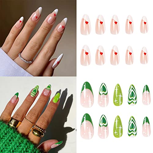 FRUZJAY 48 Pcs Medium Almond Press on Nails Valentine Heart Fake Nails