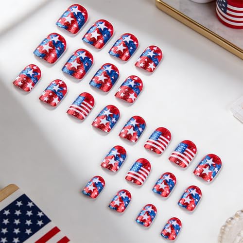 American Flag Press On Nails Patriotic Short Fake Nails Red White Blue