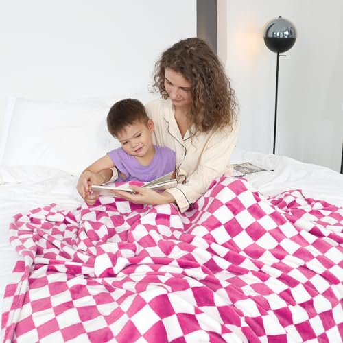 LOKOZ Pink Checkered Fleece Throw Blanket, Soft Fuzzy Lattice, 40"x50"