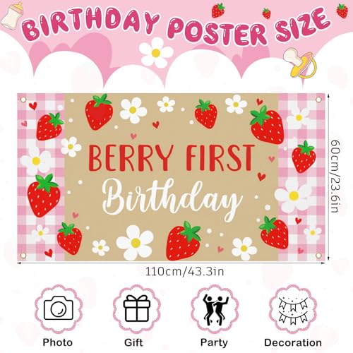 Berry First Birthday Banner - Pink Strawberry 1st Birthday Backdrop for Girls