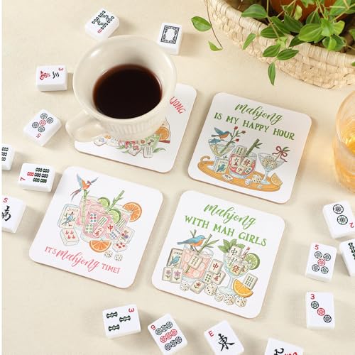 4-Piece Mahjong Wooden Drink Coasters - Decorative Game Night Accessories