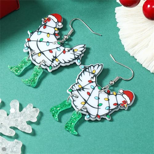 Christmas Earrings for Women - Green Christmas Chicken - Festive Santa Tree Cat Dinosaur Acrylic Holiday Jewelry