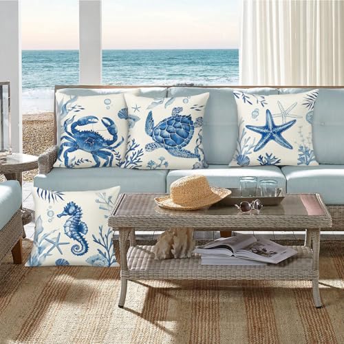 Bonhause Coastal Throw Pillow Covers, Marine Animal Design, 18x18 Inch, Set of 4