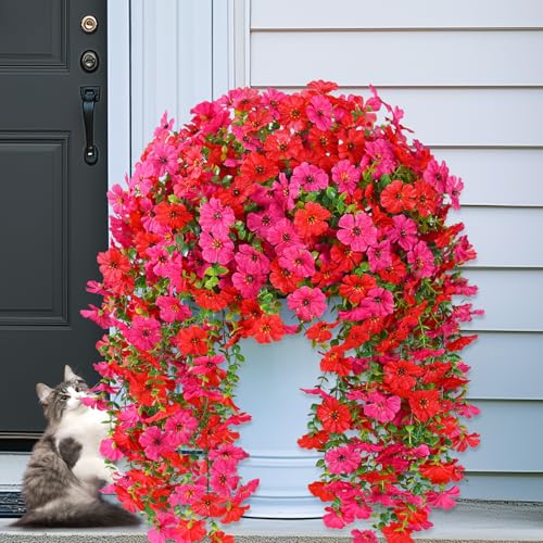 Dolicer 2 Pcs Realistic Artificial Flowers for Outdoor Decor - UV Resistant Silk Hanging Plants (Red & Fuchsia)