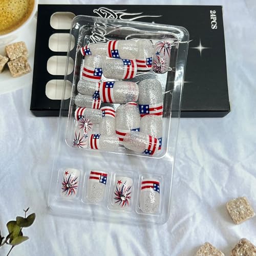 4th of July Press on Nails Medium Square Patriotic False Nails with Firework Rhinestones