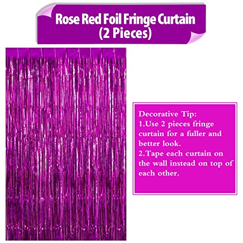 TOTAFAM 2 Pack Foil Fringe Curtains Rose Red Shiny Tinsel Backdrop