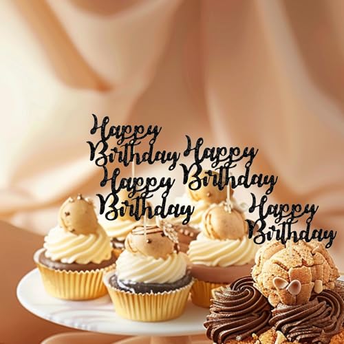 Happy Birthday Cupcake Toppers - 12 Pcs Black Glitter Decor