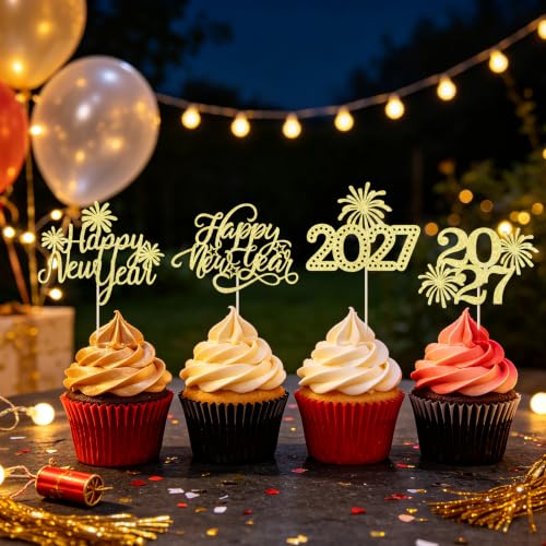 Happy New Year Gold Glitter Cupcake Toppers - 24 Pack, Variation 9