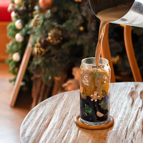 Joeyan Christmas Glass Cups with Lids & Straws - Gingerbread Man Tumbler, 20oz, Style 13