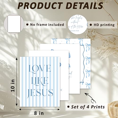 Blue Bow Wall Art Set - 4PCS Bible Verse Posters for Bedroom Decor