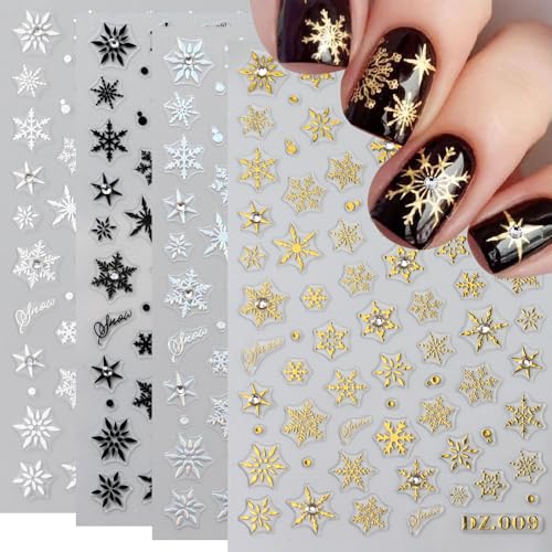 Snowflake Nail Stickers 3D Embossed Christmas Nail Decals 4 Sheets