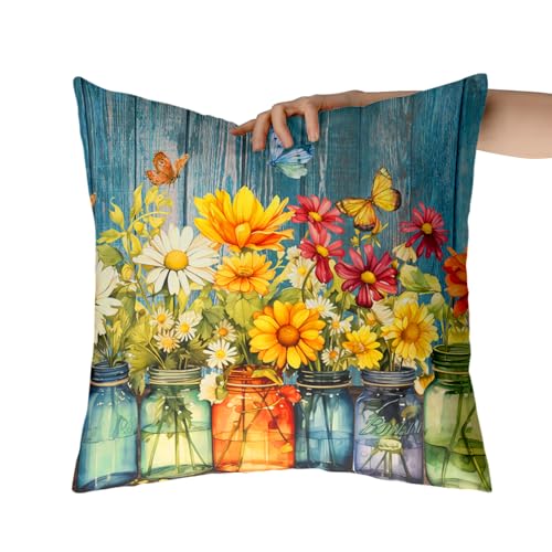Daisy Floral Pillow Covers 18x18, Set of 2 - Rustic Spring Decor
