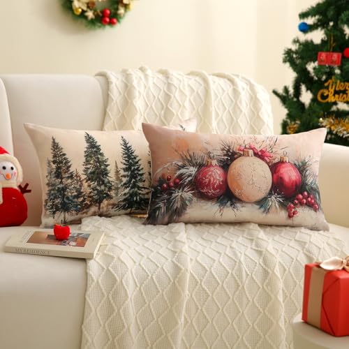 Christmas Lumbar Pillow Covers 12x20 Inch, Set of 2 Winter Holiday Decor