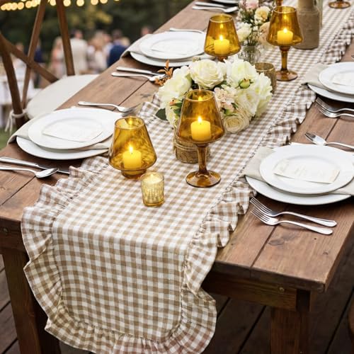 Tegeme Brown Gingham Cotton Ruffle Table Runner - 12 x 71 Inches