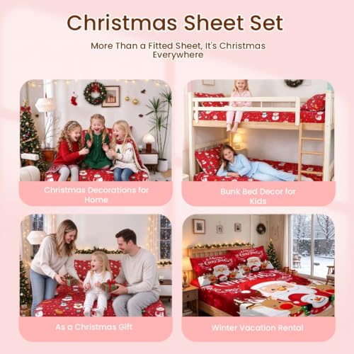 Christmas Snowman and Deer Bed Sheet Set - Queen, Multi 32 / Queen, Kids & Teens Holiday Bedding