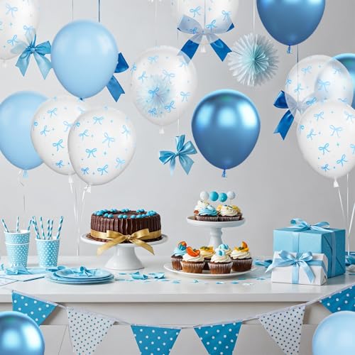 30 Pcs Blue Bow Balloon Set - Latex Party Decorations for Birthdays