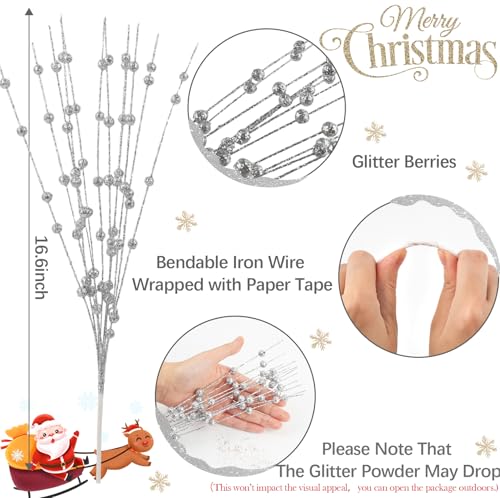 Silver Artificial Glitter Berry Stem Ornaments 15 Inch Christmas Tree Picks - 10 Pack
