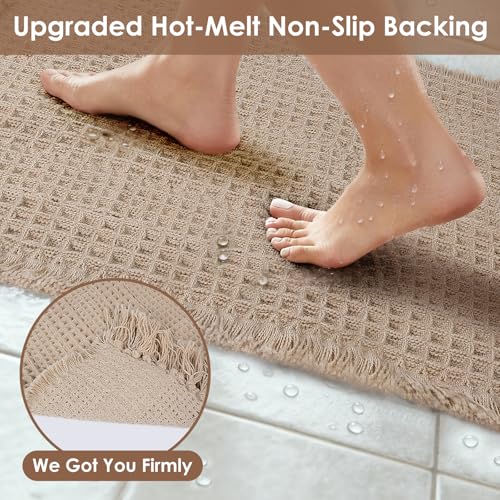 Super Absorbent Waffle Bath Mat with Tassels - Non-Slip, Soft, Quick Dry, 17"x24" Khaki
