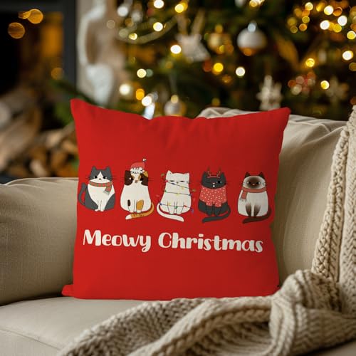 Christmas Cat Throw Pillow Cover, Red 18x18 Inch Decorative Xmas Cushion Case