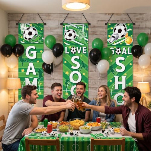 Soccer Hanging Banners Porch Signs 3-Piece Football Party Decorations