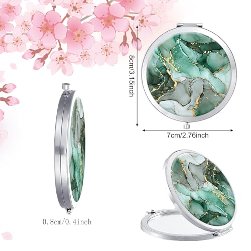 LONNAONE Compact Mirror, 2X Magnifying Pocket Mirror - Silver Jade Green Marble