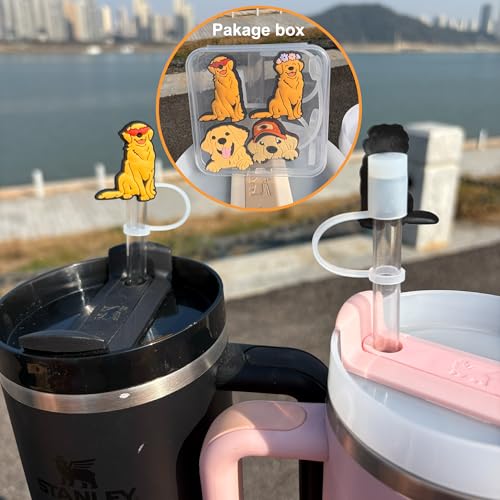 Golden Retriever Silicone Straw Covers 4PCs - Playful Dog-Themed Drink Toppers