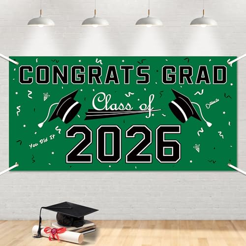 2026 Graduation Decorations - Green Polyester Backdrop & Congrats Grad Banner