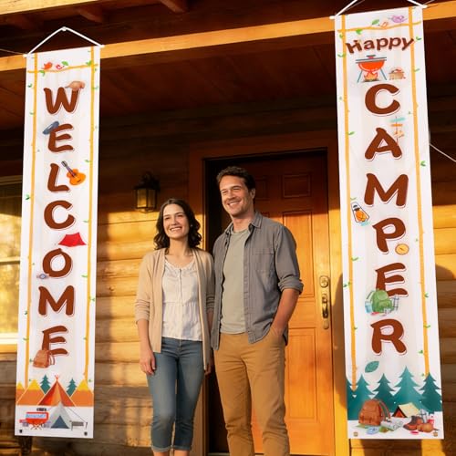 Camping Theme Party Banners - 2 Pack Welcome Happy Camper Signs