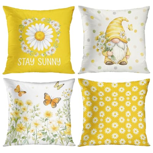 Cosovia Daisy Gnome Throw Pillow Covers 18x18, Set of 4, Soft Plush