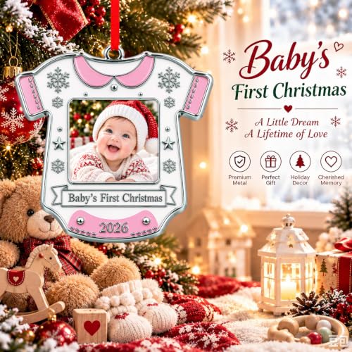 Baby's First Christmas 2026 Ornament with Photo Frame - Pink, Metal, Style 3