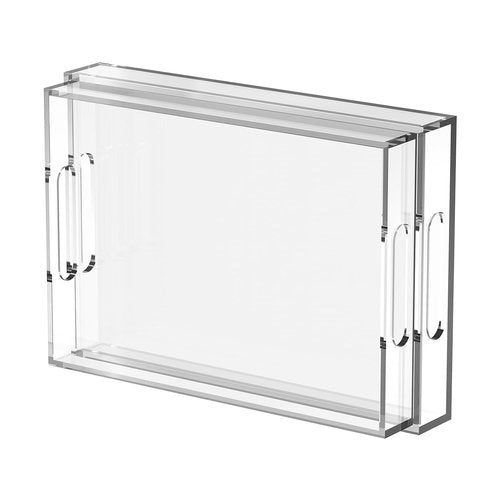 2 Pack Acrylic Serving Tray with Handle-17x12x2.4&16.2x11.2x2.4 Inch Clear Acrylic Trays Set for Kitchen,Bathroom -6mm Thick Large Stackable Display Organizer,Non Slip