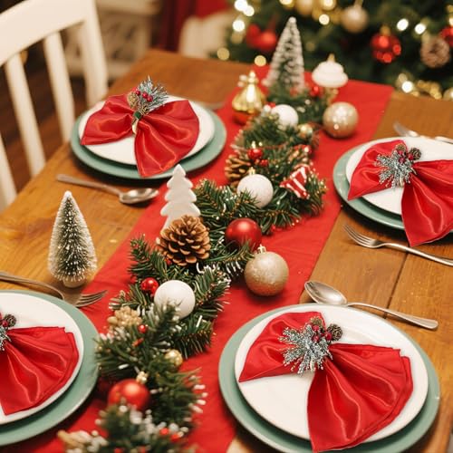 Christmas 16pcs Napkins & Rings Set Snowy Pine Cone Poinsettia Red Berry - Middle