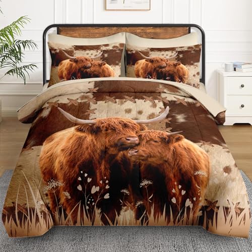 WeCozy Highland Cow Full Comforter Set with Sheets - Soft Microfiber Bedding