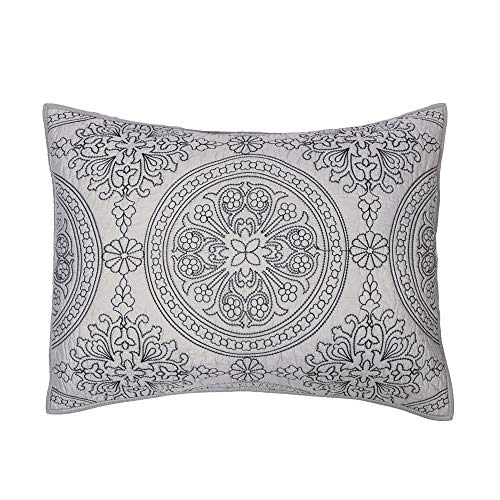King Pillow Sham - 100% Cotton Medallion Embroidered, Gray, 20'' x 36''