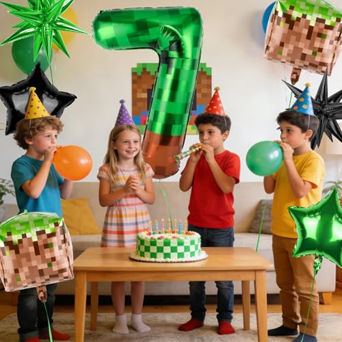 40 Inch Green Pixel Number 7 Balloon Set - 7 Pcs Party Decor