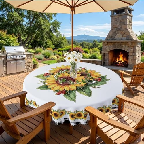 YOPINCO 60-Inch Round Sunflower Tablecloth, Waterproof Floral Table Cover