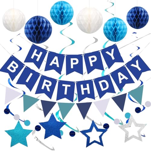 Blue Happy Birthday Decoration Set with Banner, Honeycomb Balls & Swirls