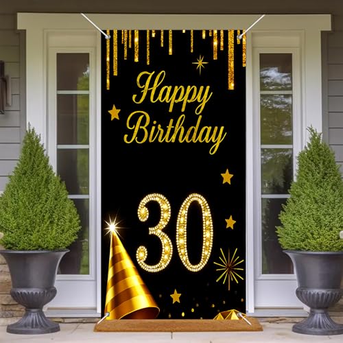 BlissYard 30th Birthday Door Cover 35x71 Inch Black and Gold Decor
