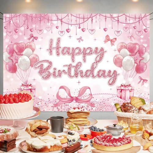 Pink Heart Bow Happy Birthday Backdrop Banner 70.8 x 47.2 Inch