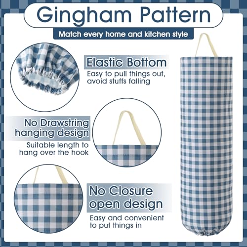 Gingham Canvas Grocery Bag Holder - Dusty Blue Wall Mount Organizer