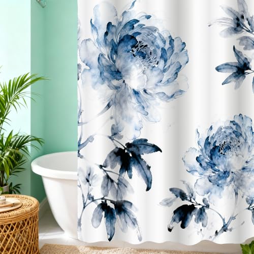 KLYOHAUS Watercolor Floral Shower Curtain, Blue-Gray Bohemian 72x72 Inch